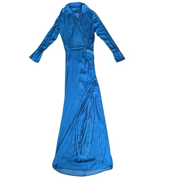 Free People Women’s Aida Collared Long Sleeve Silky Cobalt Blue Shirt Maxi Dress - Picture 2 of 15